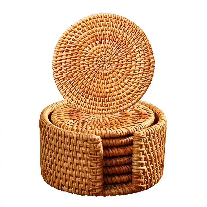 Getränkeuntersetzer aus Rattan im 6er Set mit Aufbewahrungsbehälter